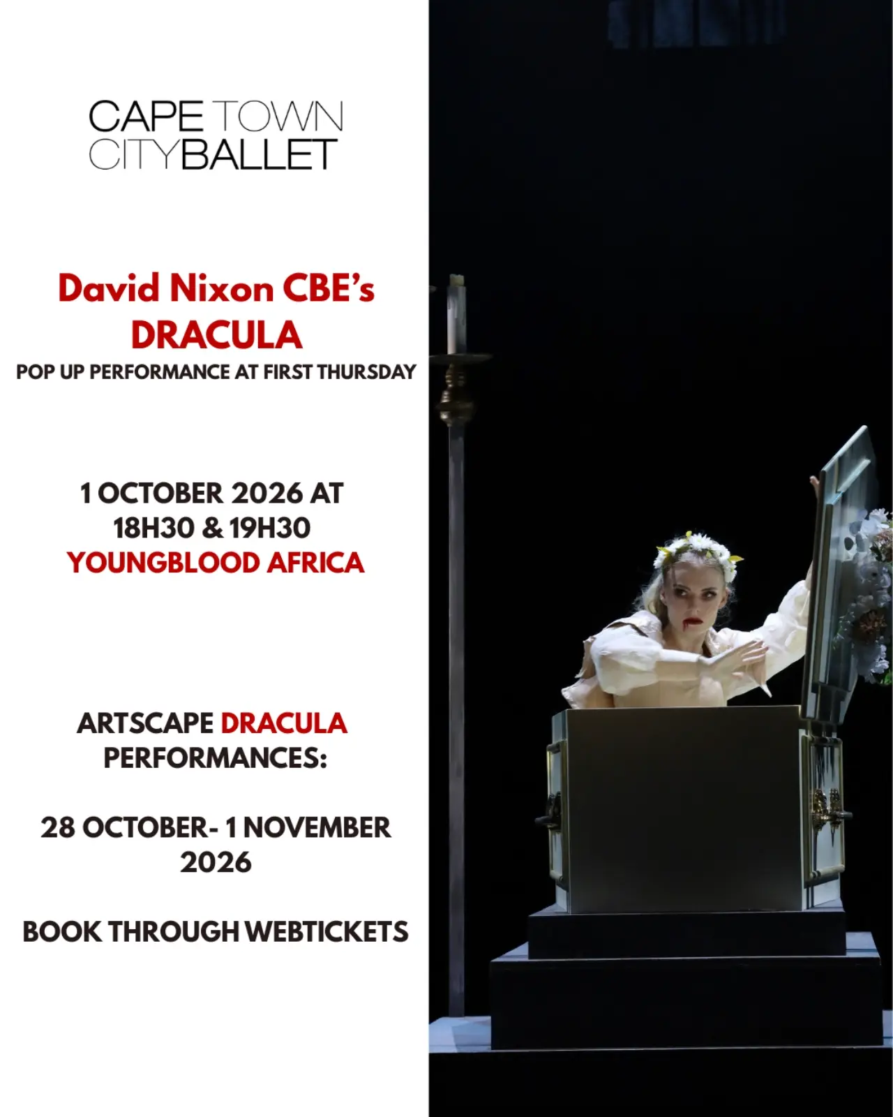 Cape Town City Ballet poster for David Nixon CBE's Dracula pop-up performance at Youngblood Africa on 1 October 2026